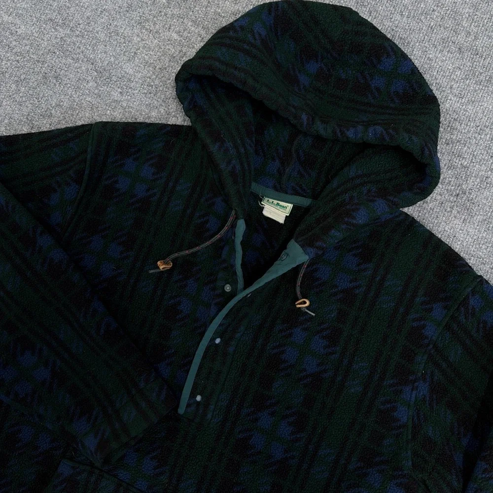 Vintage LL Bean Jacket Womens Large 1/4 Snap Hooded Fleece Pullover Green Plaid - Picture 3 of 11